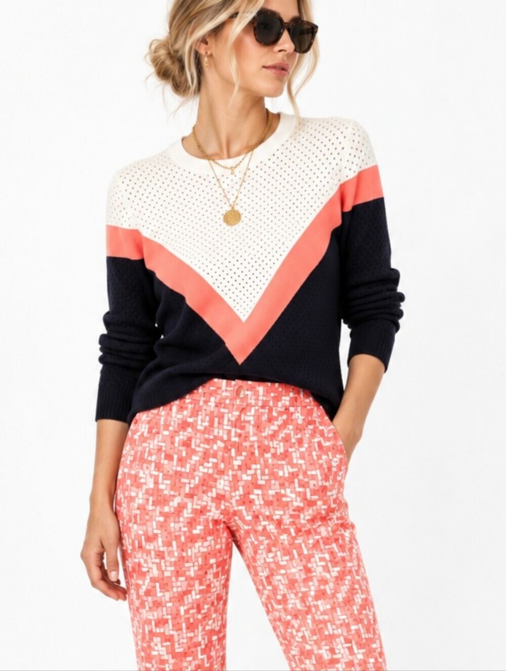 Autumn Cashmere Mesh Popover Navy salmon top. NWT